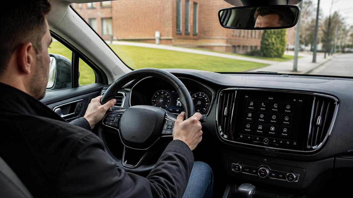 Person sitting in driver's seat of modern vehicle with hands on steering wheel, dashboard displaying touchscreen infotainment system and digital instrument cluster with advanced features