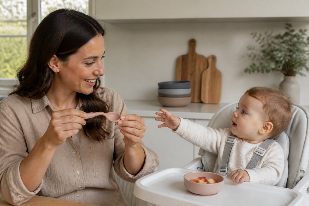 A parent in a bright kitchen holding a flexible silicone baby spoon, bending it gently to show its softness, with a toddler in a high chair nearby reaching for food