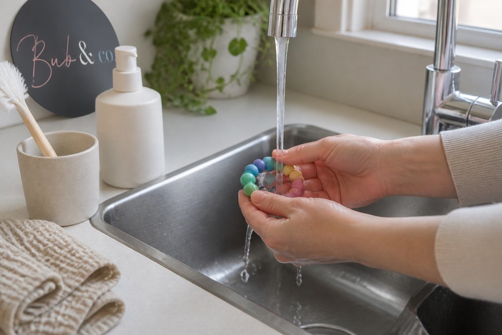 Parent washing a colorful silicone baby teether with mild soap under warm running water in a bright kitchen sink