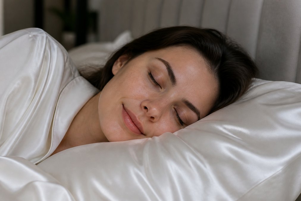 Close-up of a person resting their cheek on a smooth silk pillowcase in a softly lit bedroom, showing the fabric's gentle surface against skin