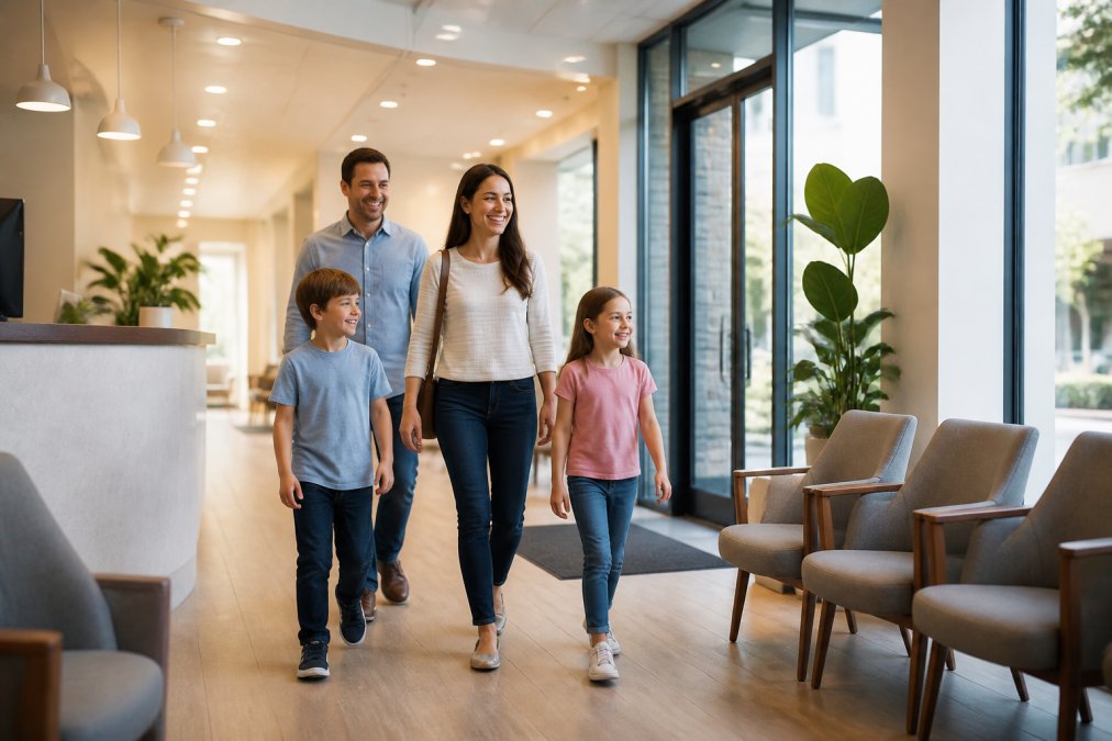 Family of four (parents and two children) walking together into a bright, welcoming dental office lobby with modern furnishings and comfortable seating