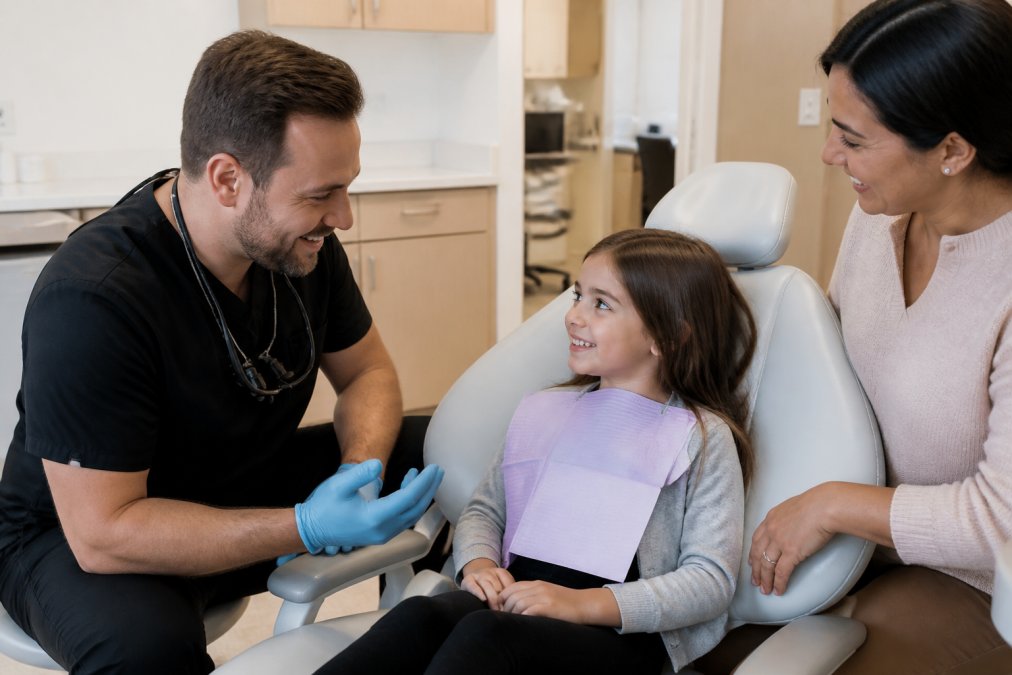 Dentist speaking warmly with a young child in the dental chair while a parent watches nearby, showing a comfortable and trusting interaction in a calm, welcoming clinical setting