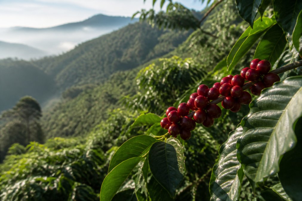 Close-up of ripe red coffee cherries on a branch at a high-altitude farm, with a lush green mountainside and soft morning light visible in the background