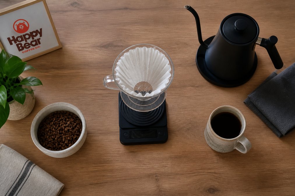 Overhead shot of a kitchen counter with a pour-over dripper, gooseneck kettle, digital scale, and a bag of whole bean coffee beside a filled mug