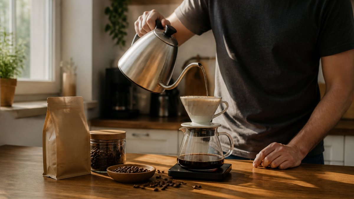 A home barista pouring hot water from a gooseneck kettle over a pour-over dripper filled with freshly ground single-origin coffee, whole beans and a kraft coffee bag on a wooden kitchen counter, soft morning window light