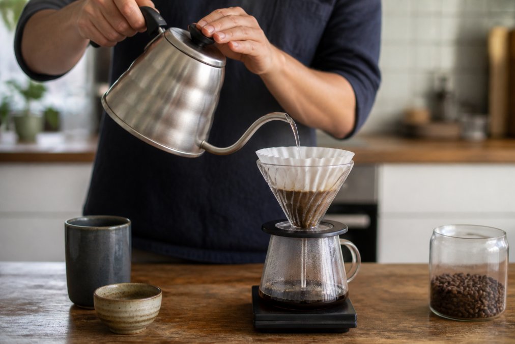 Hands pouring hot water from a gooseneck kettle over a pour-over dripper filled with freshly ground single origin coffee, on a wooden countertop in a bright, naturally lit home kitchen