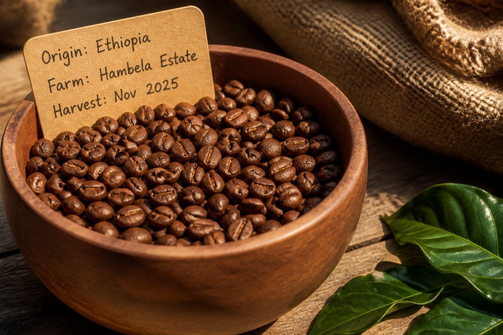 Close-up of single origin coffee beans in a wooden bowl with a handwritten label showing origin details, farm location, and harvest date visible in natural morning sunlight