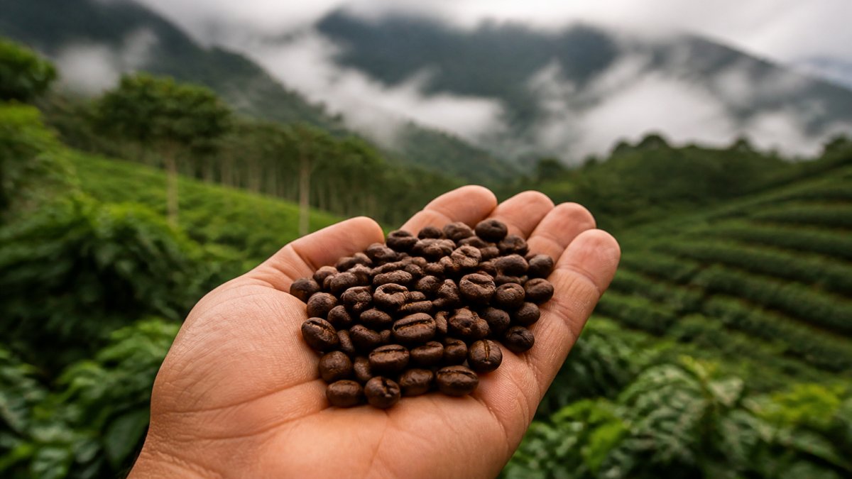 Close-up of single-origin coffee beans held in a cupped hand with a misty coffee farm landscape visible in the blurred background, showing the journey from origin to cup