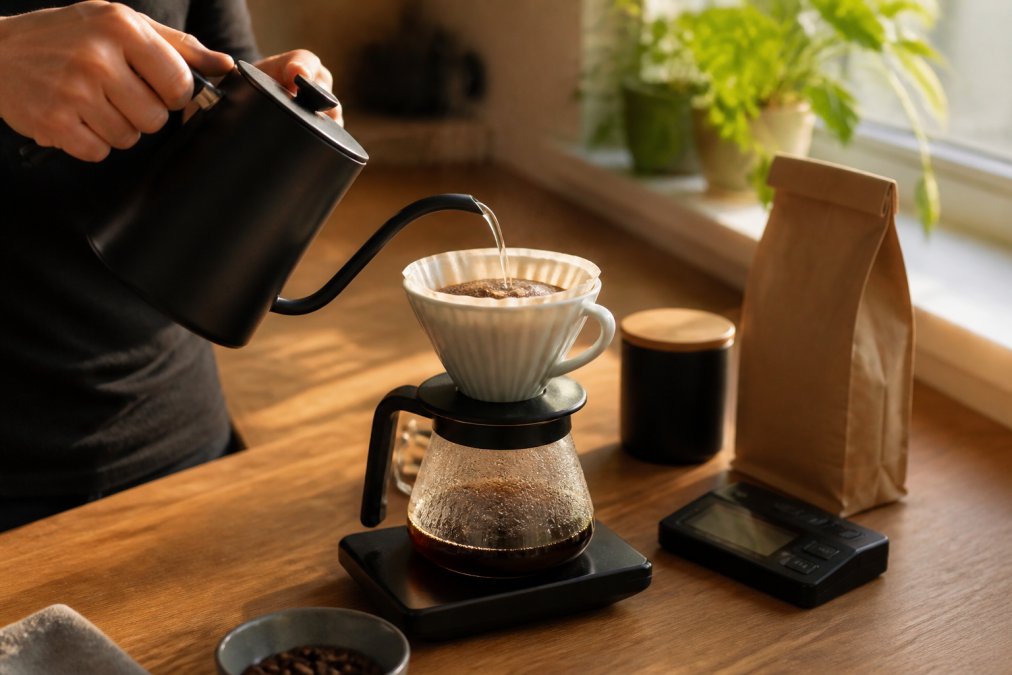 Hands pouring hot water into a pour-over coffee dripper with fresh grounds visible, a kitchen scale and timer positioned nearby, morning light streaming through a window
