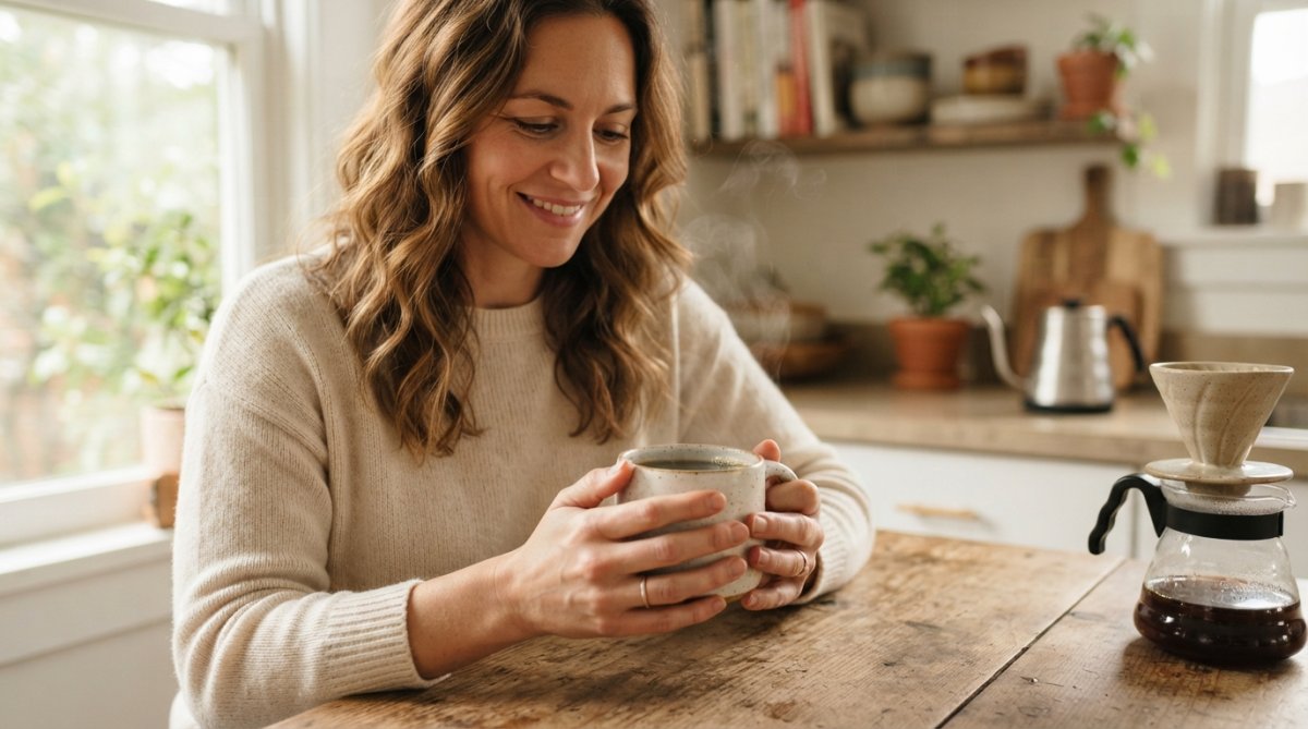 A person holding a warm ceramic mug of freshly brewed coffee, steam rising, in a cozy kitchen setting with soft morning light
