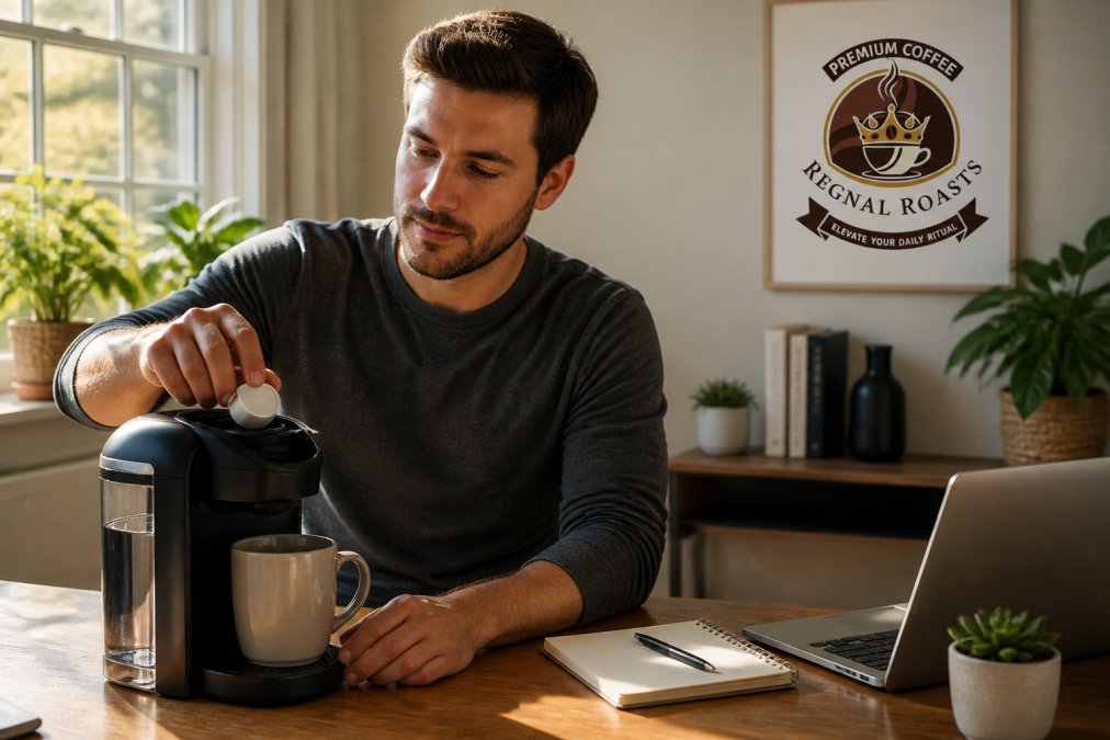 A young professional in a cozy home office placing a single-serve coffee pod into a sleek machine, morning light streaming through a window, a ceramic mug waiting nearby