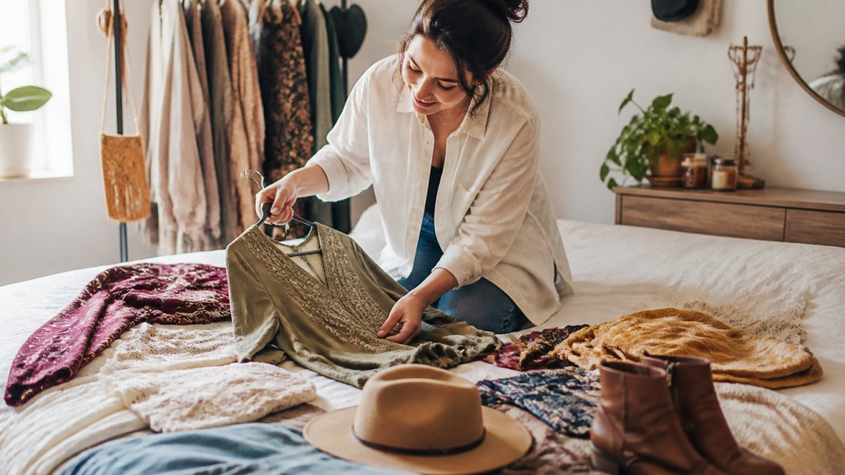 Person carefully selecting and arranging vintage-inspired clothing pieces on a bed, examining fabric quality and fit with natural daylight