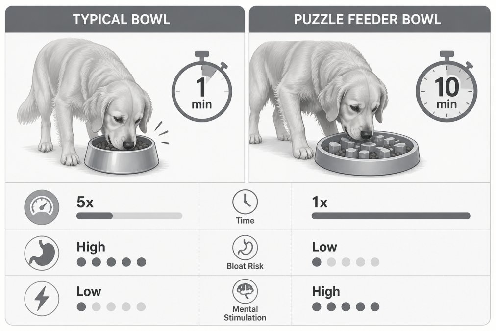 Golden Retriever eating from a puzzle feeder bowl with focused engagement, showing slower deliberate eating compared to typical rapid consumption