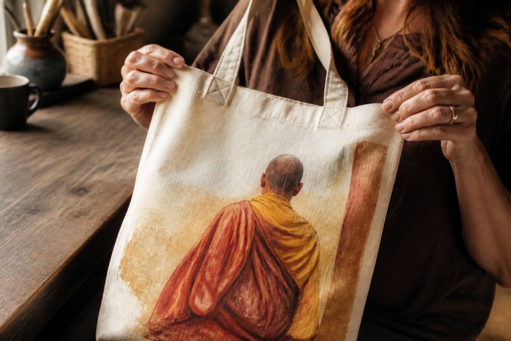 A close-up photograph of a woman's hands holding a heavyweight cotton canvas tote bag with a painterly monk print, showing the visible fabric texture and reinforced stitching in warm natural light