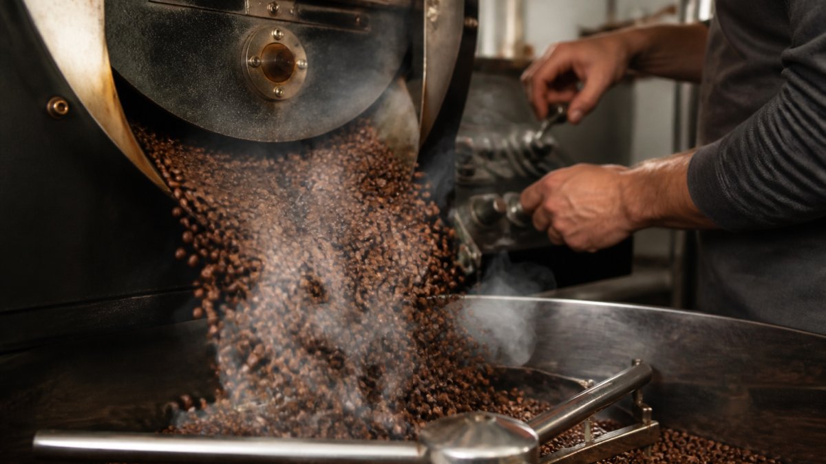 Close-up of freshly roasted coffee beans cascading from a roasting drum showing deep brown color and visible steam, with a roastmaster's hands adjusting temperature controls on the equipment