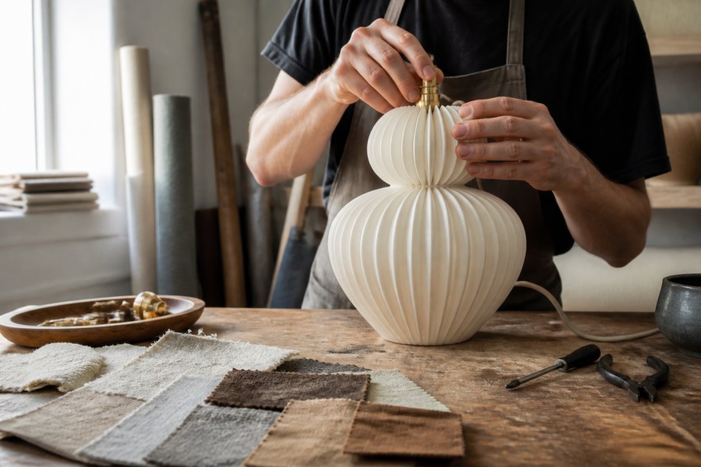 Close-up of an artisan's hands carefully assembling a sculptural table lamp in a bright Ontario studio, with fabric samples and finishing tools arranged on a wooden workbench