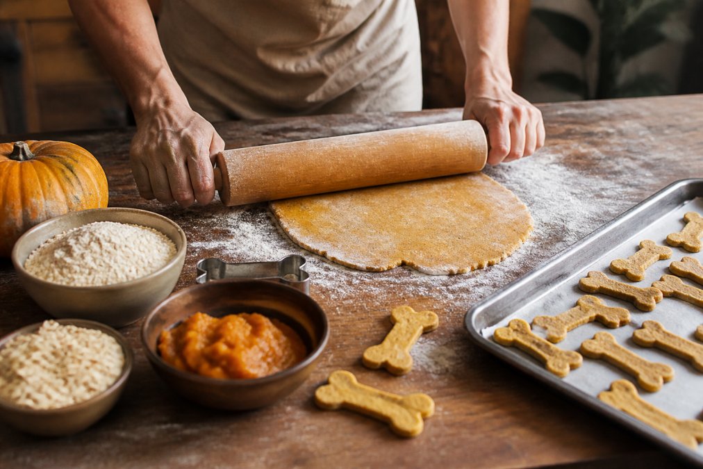 Close-up of a baker's hands rolling fresh dog treats on a floured wooden counter, with organic pumpkin and oat flour in small bowls nearby in warm natural light