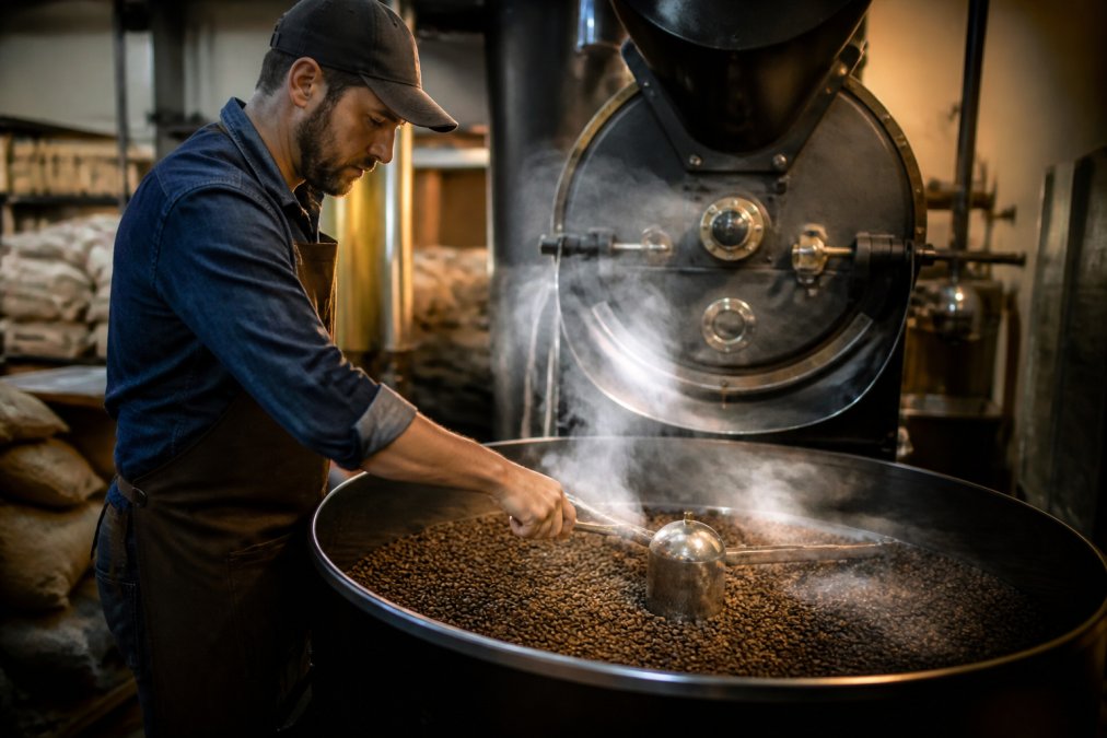 Close-up of a small-batch coffee roaster in action, with steam rising from freshly roasted beans in a cooling tray, warm lighting, artisan workshop setting