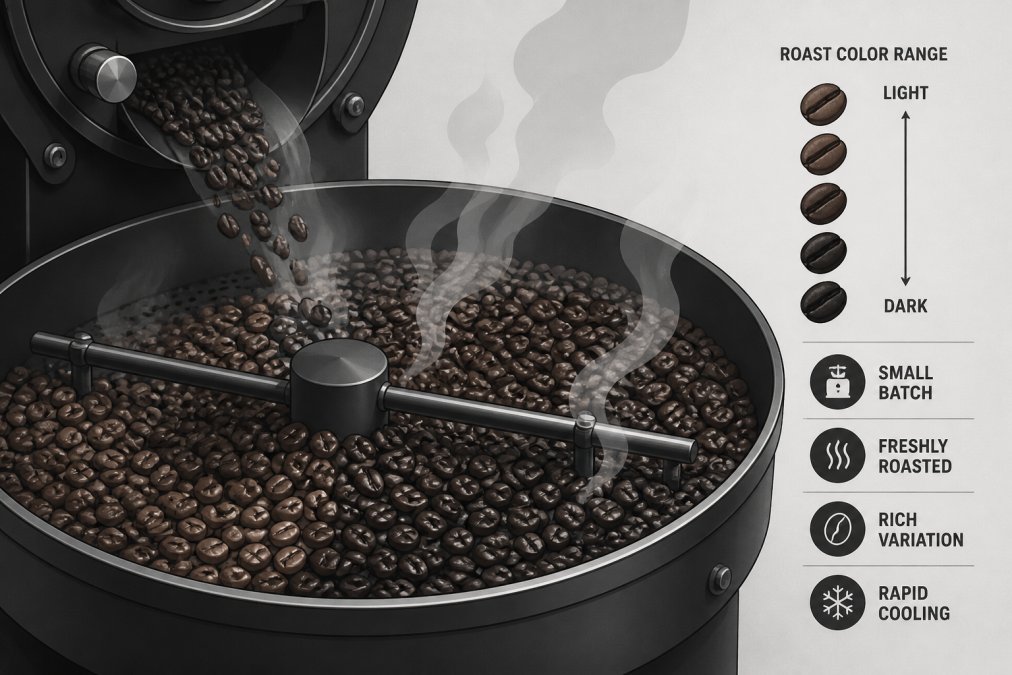 Close-up of freshly roasted coffee beans cooling in a small batch roaster, showing rich color variation and individual bean detail with wisps of steam rising from the cooling tray