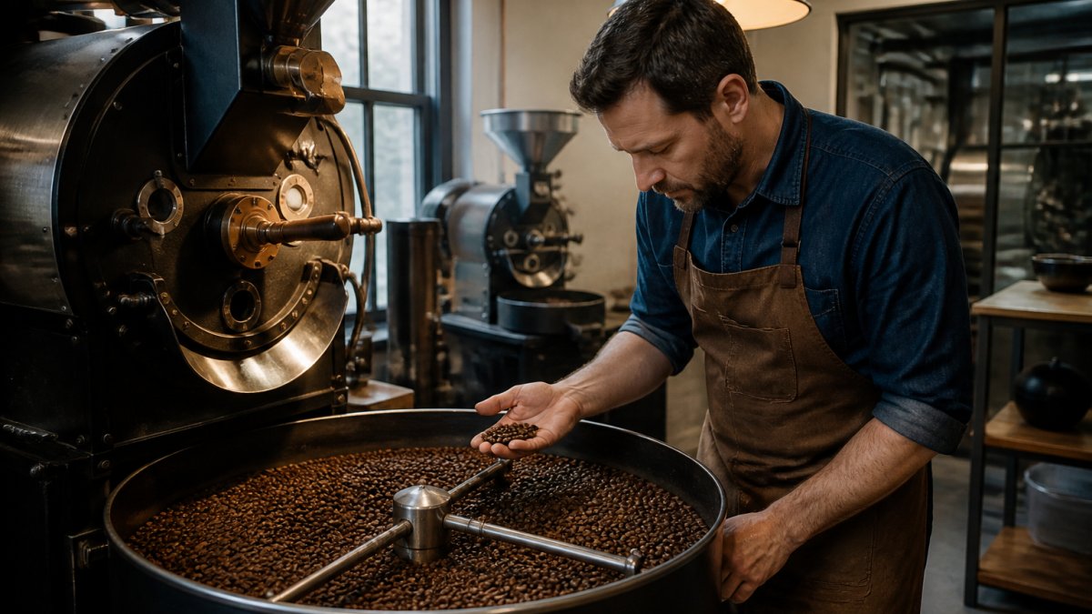 Close-up of a small drum coffee roaster in a craft roastery, freshly roasted beans cooling in a round tray while a roastmaster in an apron inspects them under warm pendant lighting