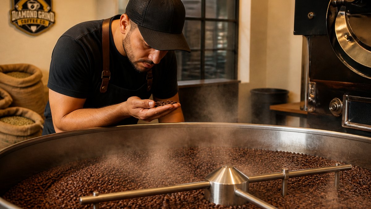 A roastmaster in a small artisan roastery inspecting a batch of freshly roasted coffee beans as they cool in a round cooling tray, warm ambient lighting, steam rising gently