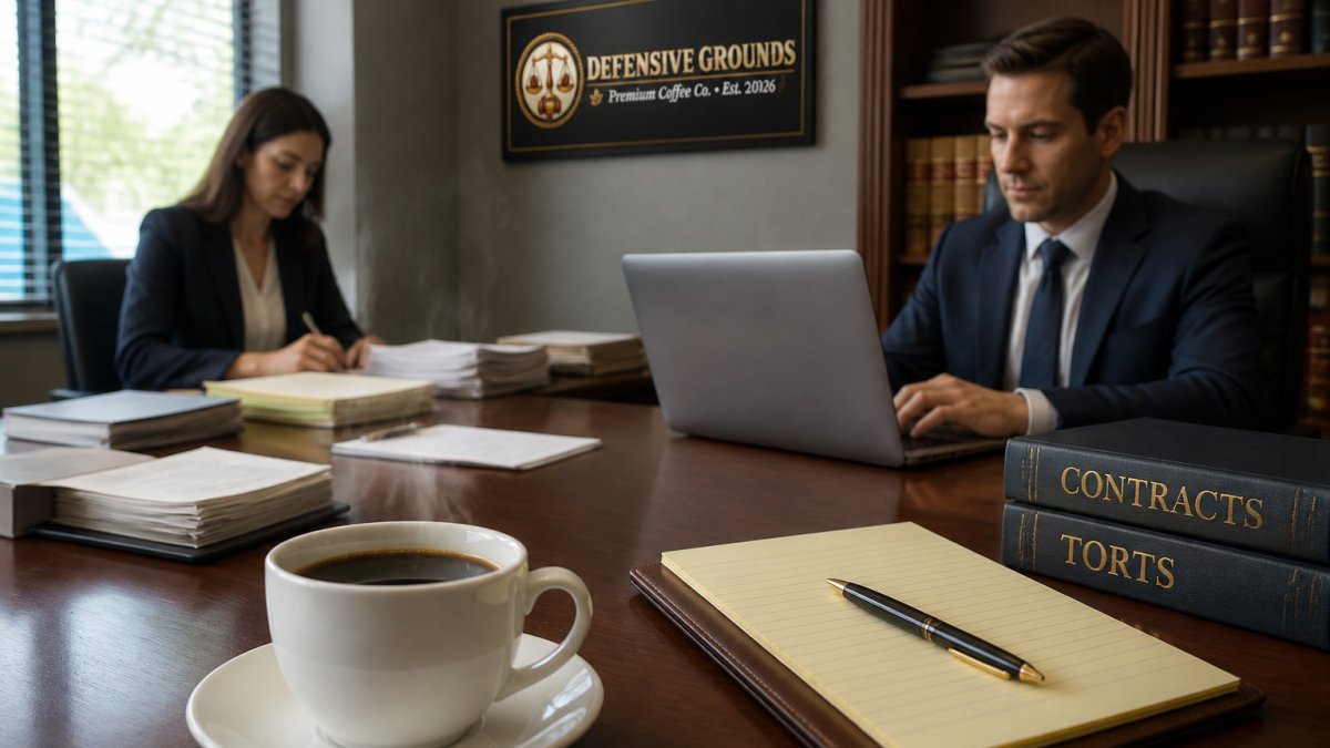Close-up of a freshly brewed cup of coffee on a wooden desk in a law office, steam rising, with a bag of whole bean coffee and a legal notepad nearby