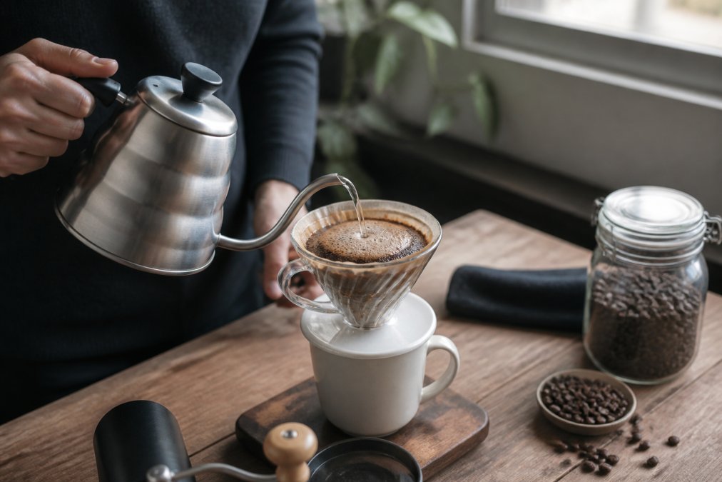 Hands pouring hot water over fresh coffee grounds in a pour-over dripper, with a ceramic mug and whole coffee beans visible on a wooden surface in natural morning light