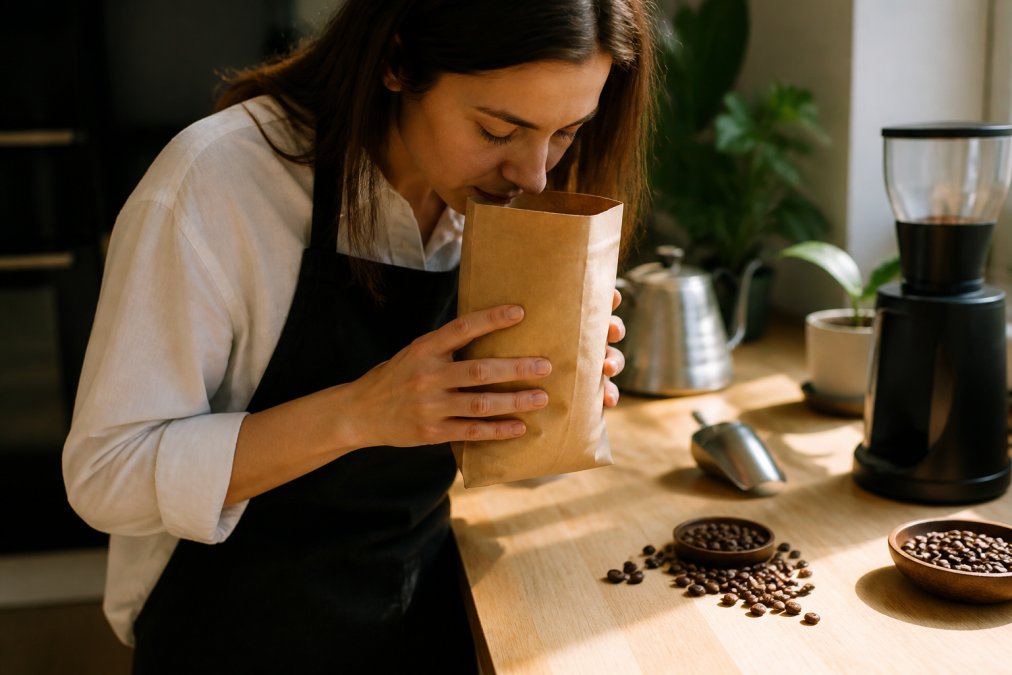 Hands cradling an open kraft paper coffee bag close to the nose, eyes closed, inhaling deeply, warm natural light on a wooden countertop with a few whole roasted beans scattered nearby