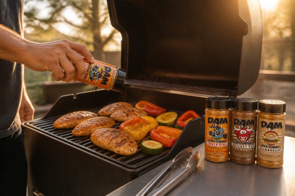 Home cook seasoning grilled chicken and vegetables at an outdoor grill, spice jar visible on the side table with golden afternoon sunlight illuminating the scene