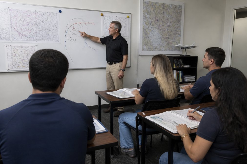 A flight instructor standing at a whiteboard covered in meteorology diagrams, pointing at a weather chart while a small group of three or four adult students take notes at desks in a professional classroom setting