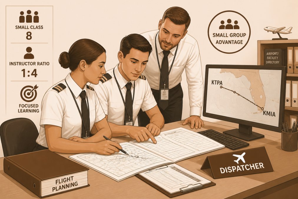 Two aviation students in uniform seated at a dispatcher workstation with flight planning documents and a computer screen showing a route map, collaborating closely while an instructor leans in to review their work