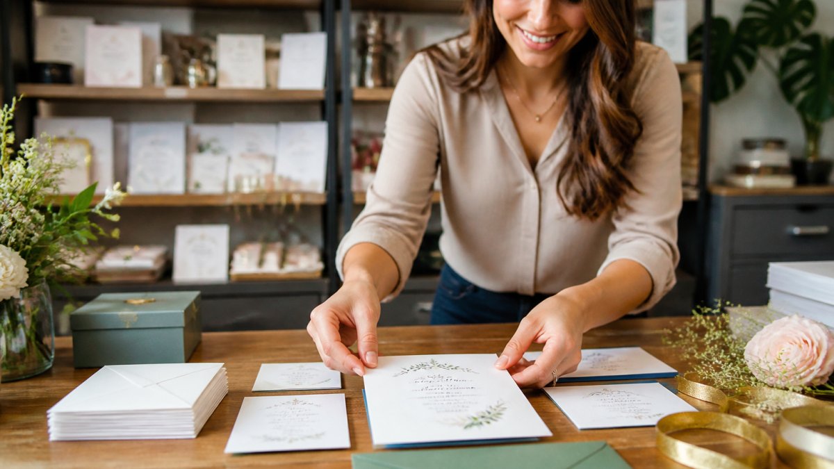 A close-up of hands arranging personalized wedding invitations and envelopes on a wooden table, with a woman shop owner smiling in the background of a cozy stationery studio