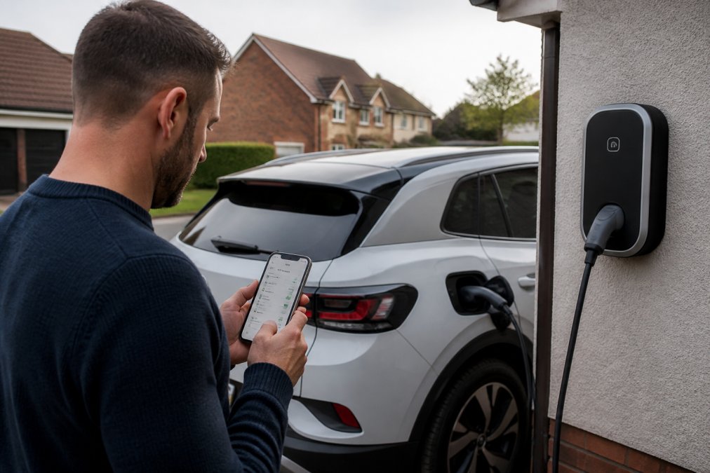 A homeowner in a driveway checking a smartphone app showing a charging schedule, electric car plugged into a wall-mounted charger, modern UK house and overcast daylight in the background