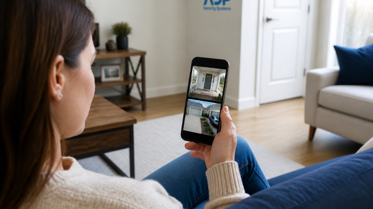 Homeowner holding smartphone displaying live security camera feed of front door and driveway with real-time video notification, sitting in bright living room