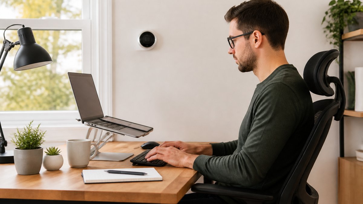 A person working at a tidy home office desk with a laptop on a stand, a wall thermostat visible in the background, warm daylight through a window