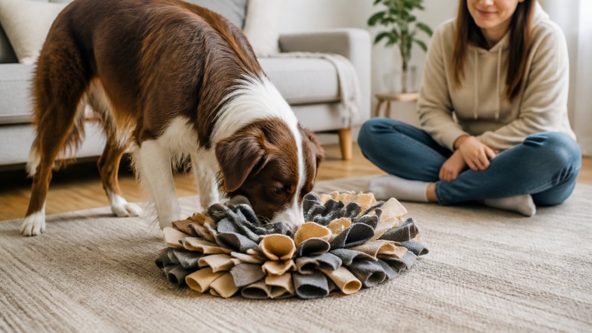 A calm indoor scene showing a dog nosing through a soft felt petal snuffle mat on a living room rug, with a person sitting nearby watching quietly