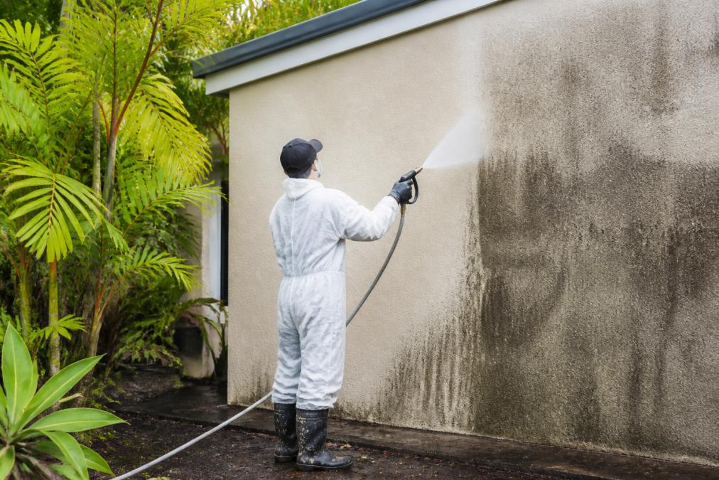 Technician using soft washing to clean mould from a rendered home exterior wall