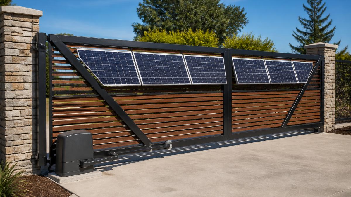 Residential driveway gate with solar panels mounted on the frame, sunlight illuminating the panels during midday, showing the automatic gate mechanism and surrounding landscape with clear sky