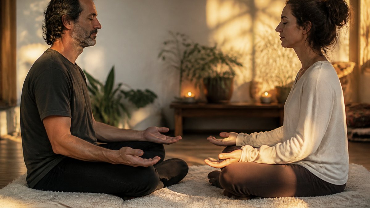 A couple in their forties sitting facing each other on a cushioned floor in a warm, softly lit room, hands resting open on their knees, eyes closed and breathing together, conveying calm presence and consent