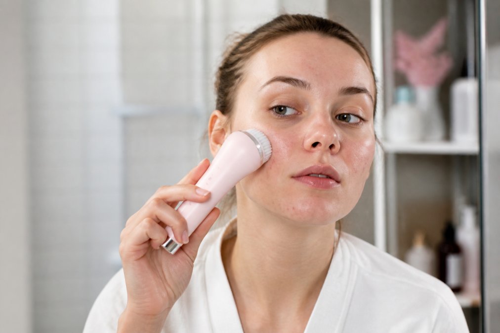 Young woman gently using a sonic facial brush on her cheek in a bright bathroom setting