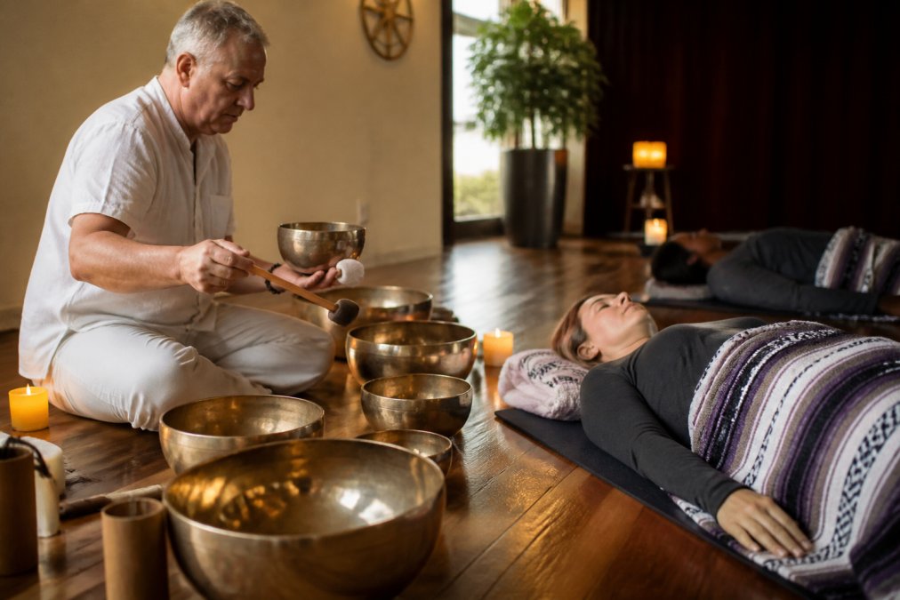 Person resting on a yoga mat surrounded by singing bowls for sound bath healing in a candlelit room