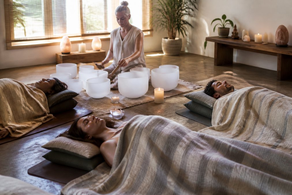 Participants relaxing on mats during a sound healing session with crystal singing bowls
