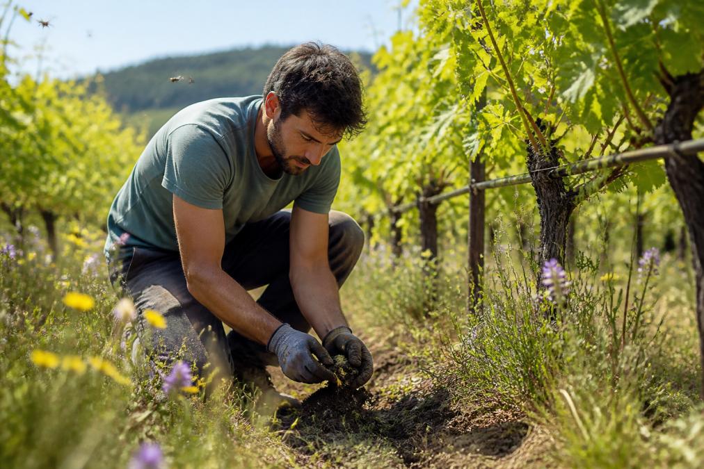 A winemaker kneeling between organic vine rows, inspecting soil and leaves with gloved hands, wildflowers and insects visible in the background under natural sunlight