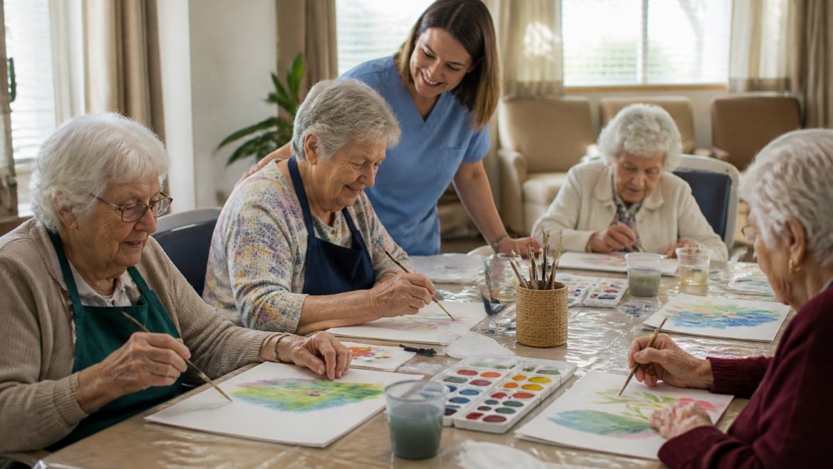 Group of seniors engaged in art therapy together in a bright, warm community space with a caregiver nearby, natural window lighting, residents focused on creative activity