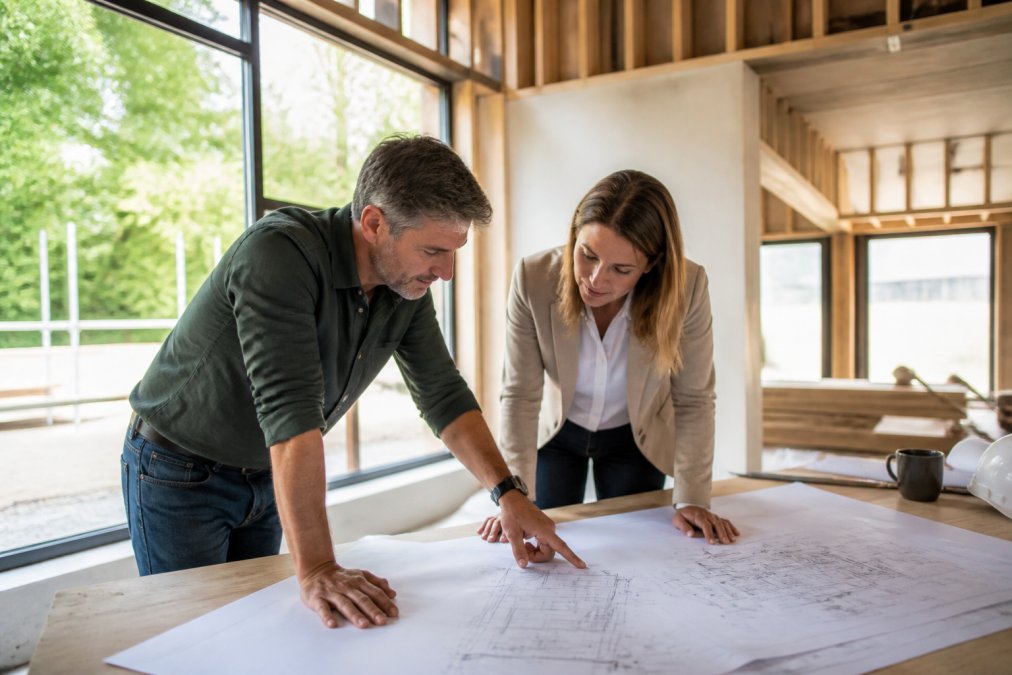 Architect and builder reviewing blueprints for specialized mechanical design in a custom home office