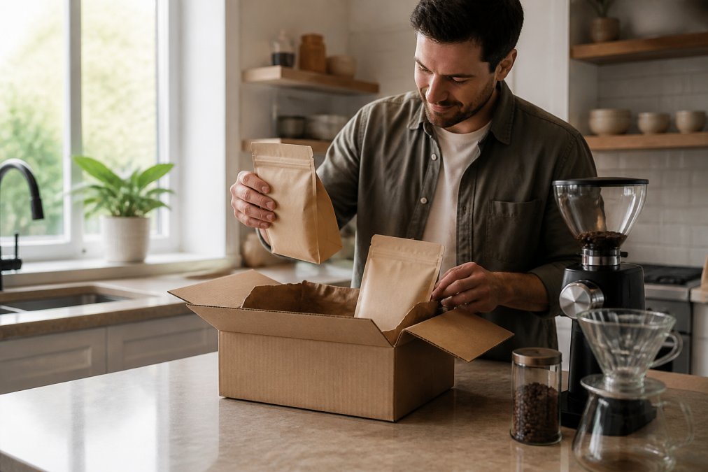 A person opening a delivered coffee box on a kitchen counter, lifting out bags of whole bean coffee beside a grinder and pour-over setup, soft morning light through a window