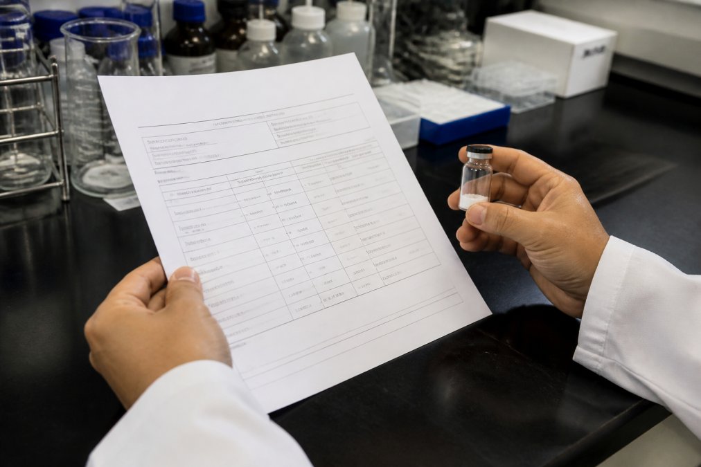 A researcher's hands holding a printed Certificate of Analysis document beside a vial of lyophilized peptide powder on a laboratory bench under bright overhead lighting