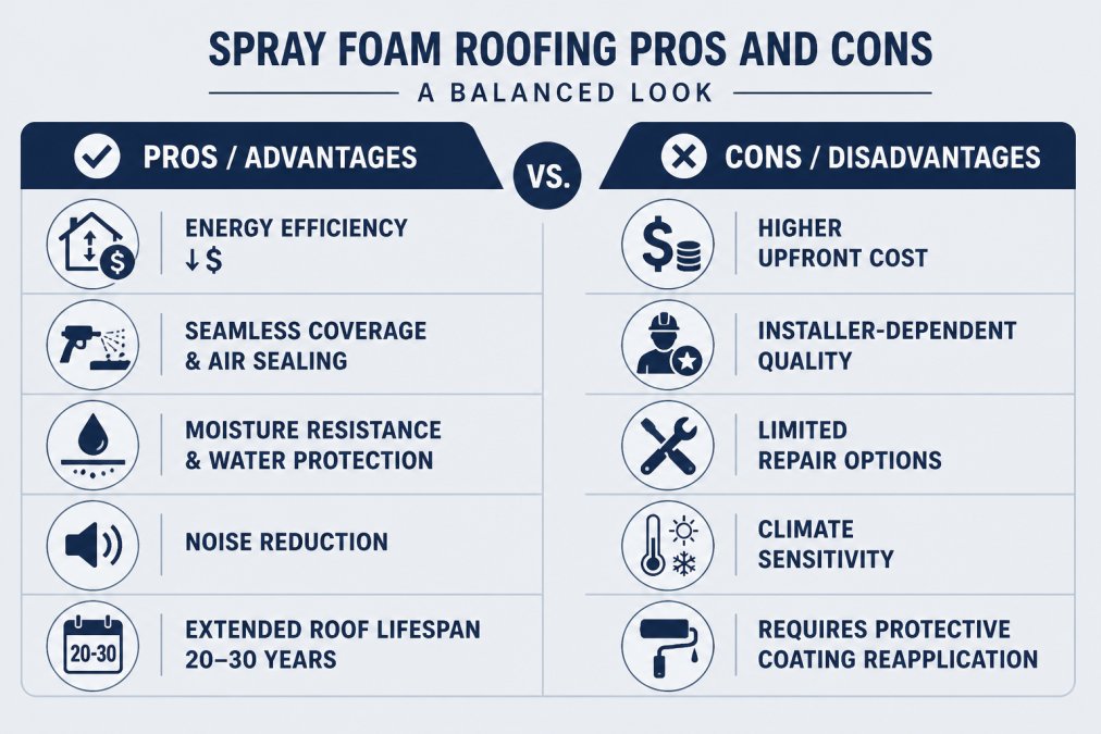 Infographic chart comparing the pros and cons and benefits of spray foam roofing for commercial buildings.