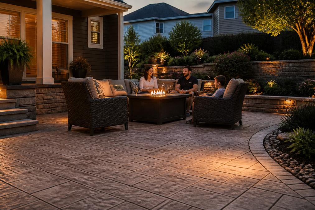 Family enjoying evening on finished stamped concrete patio with decorative stone pattern, comfortable outdoor furniture, and ambient landscape lighting creating warm atmosphere