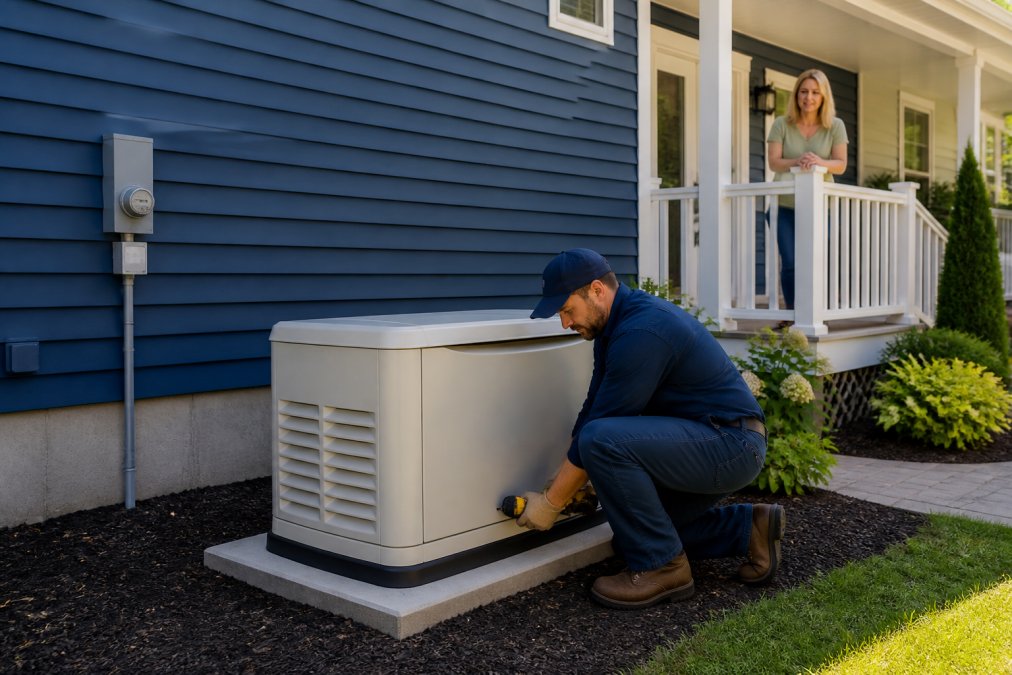A licensed electrician in a work uniform securing a standby generator unit onto a concrete pad beside a residential home, with the homeowner watching from the porch on a sunny afternoon